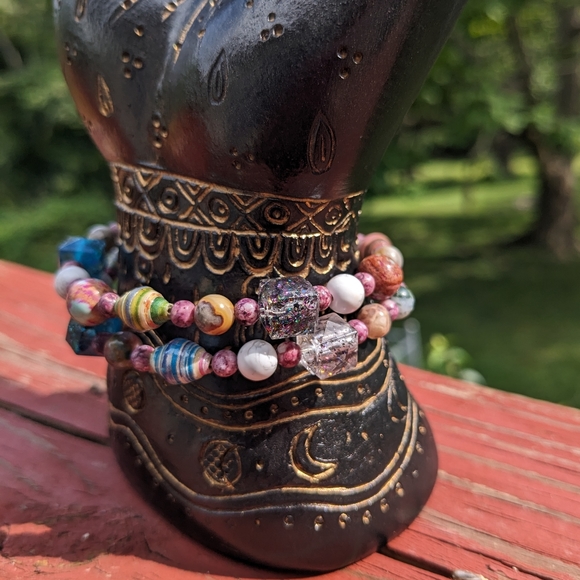 Jasper Energy Bracelet Handmade Colorful Cute Rainbow Upcycled Paper Beads - Picture 3 of 13